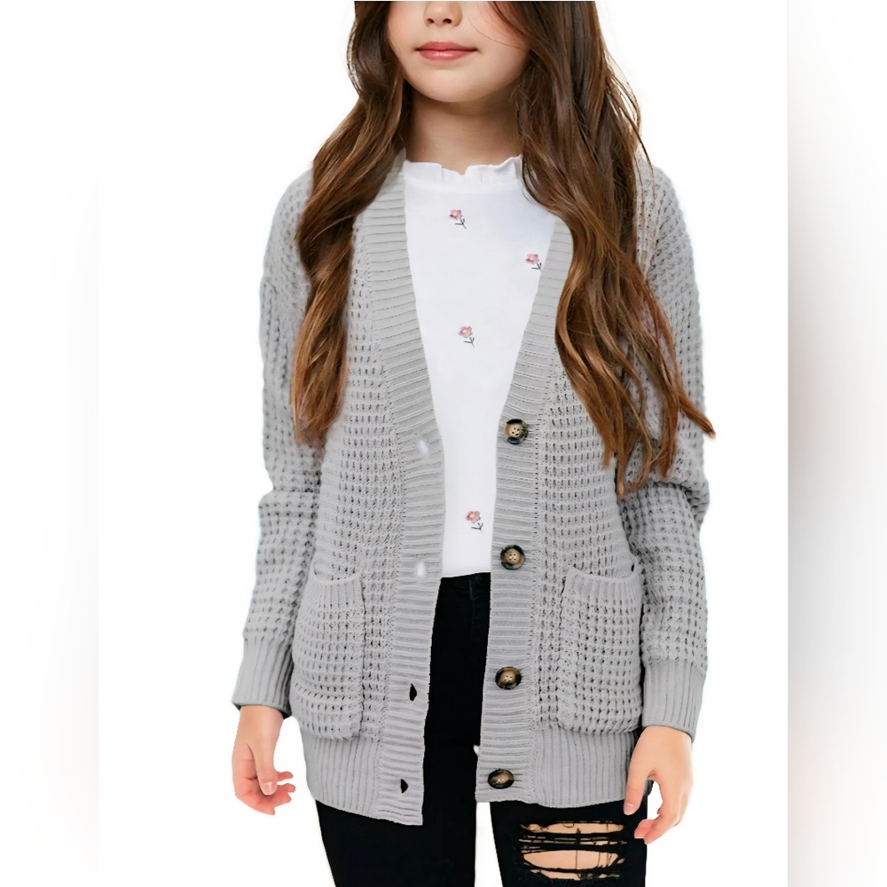 Grey waffle knit button down cardigan with pockets Size S- 6
